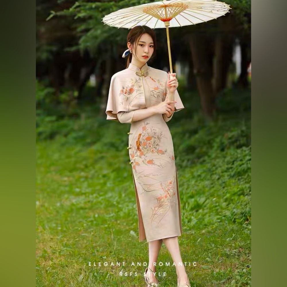 Swiftly Cheongsam Midi Sheath Dress with Shawl | Women Office Party Dress